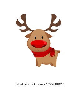 Cute reindeer with red nose wearing scarf. Christmas concept. Vector illustration can be used for festive banners and posters, flyers, greeting cards