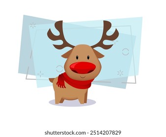 Cute reindeer with red nose wearing scarf. Christmas concept. Vector illustration can be used for festive banners and posters, flyers, greeting cards