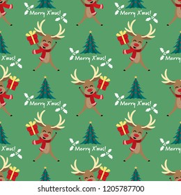 Cute reindeer with red scarf holding gift box and Christmas tree with Merry X'mas text seamless pattern on green background. Cute winter holidays season cartoon character. Vector illustration