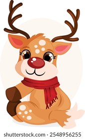 Cute Reindeer with Red Scarf Sitting and Looking Back - Front Face View Vector Graphic Isolated