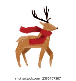 Cute reindeer in red winter scarf, vector watercolor illustration. Happy smiling deer, cozy watercolor clip art element, ready to print. For invitation, card, poster, banner, decoration, stickers