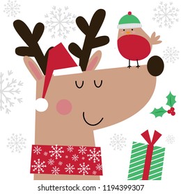 Cute reindeer and robin, Christmas character design, vector illustration