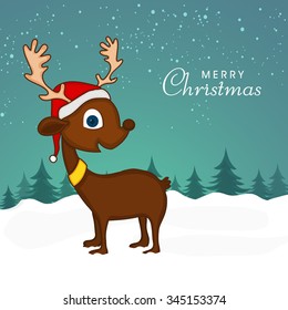 Cute Reindeer in Santa cap on winter background for Merry Christmas celebration.