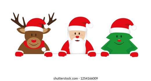 cute reindeer santa and christmas tree cartoon white banner vector illustration EPS10
