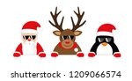 cute reindeer santa claus and penguin cartoon with sunglasses for christmas vector illustration EPS10