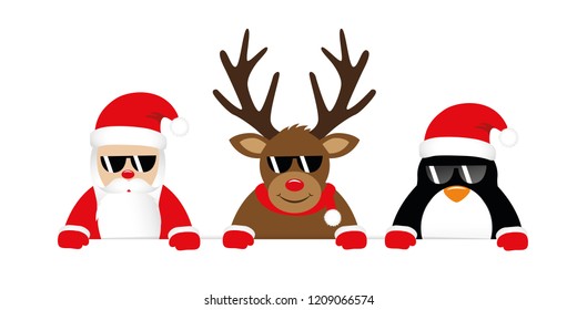 cute reindeer santa claus and penguin cartoon with sunglasses for christmas vector illustration EPS10