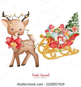 Cute Reindeer with  Santa Claus sleigh. Christmas season illustration
