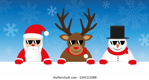 cute reindeer santa claus and snowman cartoon with sunglasses on snowy winter background vector illustration EPS10