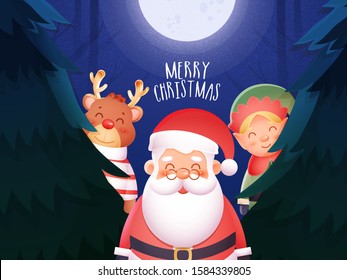 Cute Reindeer with Santa Clause and Jester character Standing on Beautiful Forest Moon Night Blue Background for Merry Christmas poster Design.
