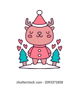 Cute reindeer in Santa costume celebrate Christmas .illustration for t shirt, poster, logo, sticker, or apparel merchandise.