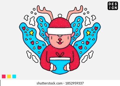 Cute reindeer with Santa costume holding gift boxes. Hand drawn holiday illustration in cartoon, doodle style for New Year and Christmas