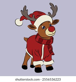 A cute reindeer in a Santa costume with a red suit, hat, and white fur trim.