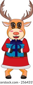 Cute Reindeer In Santa Dress With Gift Vector