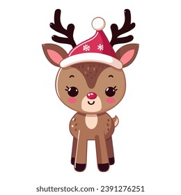 cute reindeer with with Santa hat cartoon character vector illustration. flat design.
