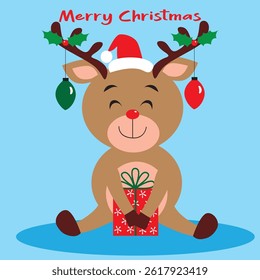cute reindeer with santa hat for christmas card, gift bag or box design