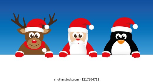 cute reindeer santa and penguin cartoon with big eyes banner vector illustration EPS10