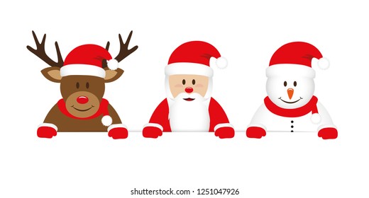 cute reindeer santa and snowman cartoon white banner vector illustration EPS10