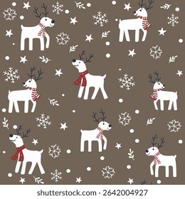 Cute reindeer with scarf and snowflakes seamless pattern on dark brown background. Design for greeting season or party invitation, for Christmas, New Year or Winter Holiday, textile