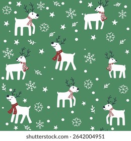 Cute reindeer with scarf and snowflakes seamless pattern on green background. Design for greeting season or party invitation, for Christmas, New Year or Winter Holiday, textile