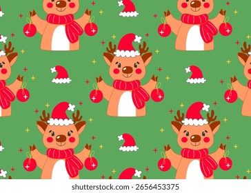 Cute reindeer seamless holiday pattern – cartoon characters in Santa hats with ornaments, surrounded by sparkles and festive icons on green background.