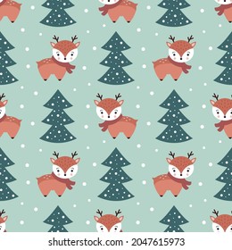 Cute reindeer seamless pattern. Christmas and New Year background. Winter seamless pattern with funny woodland forest deer, Christmas trees and snow. Blue background. Cartoon vector illustration