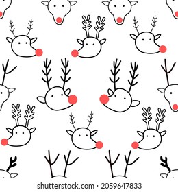 Cute Reindeer seamless pattern in doodle style on white background for Christmas fashion print, wallpaper, gift wrapping paper etc.