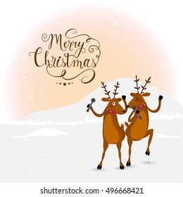 Cute Reindeer singing and dancing on occasion of Merry Christmas celebration.