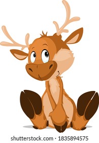 Cute Reindeer Sitting Isolated on White - Vector Illustration