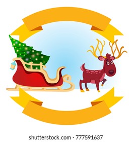 Cute reindeer with sleigh and Christmas tree. Vector illustration isolated on white background for logos, stickers and other items.