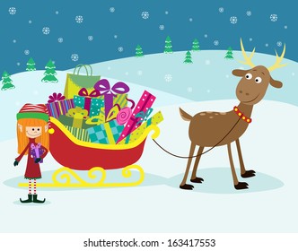 Cute reindeer with sleigh packed to the brim with colorful Christmas gifts. Elf girl is standing near.Vector illustration.