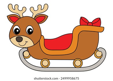 Cute Reindeer Sleigh Vector Illustration on White Background