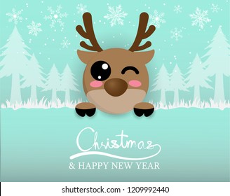 cute reindeer with snow and christmas tree in forest,digitalcraft,paper cut.