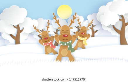 cute reindeer in the snow forest  in paper cut and craft style for Christmas background , Christmas day ,Christmas banner .