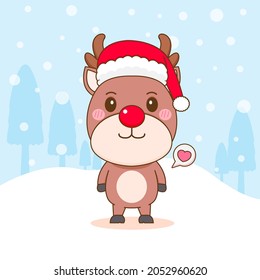 Cute reindeer standing with santa hat cartoon character.