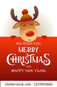 Cute reindeer stands behind red signboard advertisement banner with text Merry Christmas and Happy New Year vector