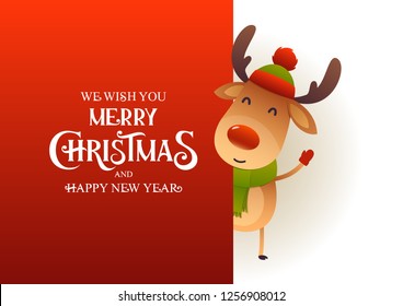 Cute reindeer stands behind red signboard advertisement banner with text Merry Christmas and Happy New Year vector