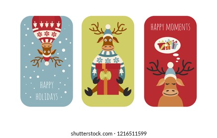 Cute reindeer sticker icon set. Elements for christmas holiday greeting card, poster design. Vector illustration