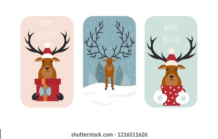 Cute reindeer sticker icon set. Elements for christmas holiday greeting card, poster design. Vector illustration