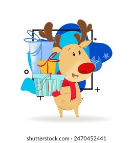 Cute reindeer taking selfie photo. New Year Day design element. For greeting cards, leaflets, brochures, invitations, posters or banners.
