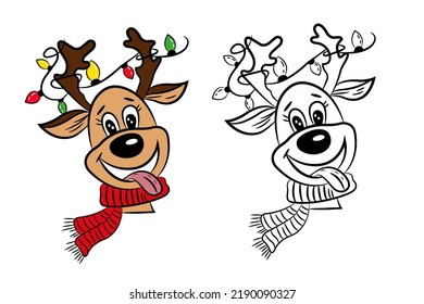 Cute reindeer vector illustration, Deer coloring pages, Christmas Deer head, Funny animal Cartoon deer silhouette sketch outline