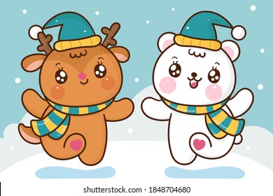 Cute reindeer vector and polar bear cartoon dance in snow winter season: Series fairy tale characters kawaii animals merry christmas happy new year(flat Girly doodles). Greeting card holiday design.