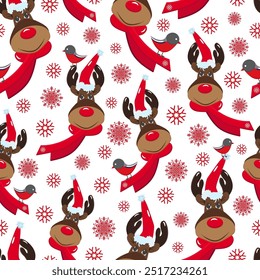 Cute reindeer vector seamless pattern. Merry Christmas, winter holidays background, wallpaper, repeat pattern textile design with deer in red Santa hat, bullfinch and snowflakes.