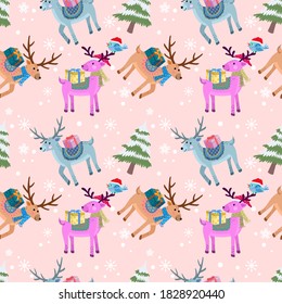 Cute Reindeer Wear Christmas Hat With Gift In Winter Seamless Pattern.