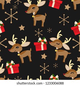 Cute reindeer wear collar with a bell, red gift box with holly berries, star and snowflakes seamless pattern on black background. Cute Christmas holidays cartoon character. Vector illustration.