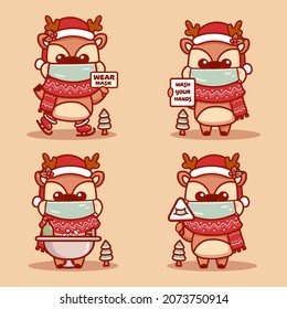 Cute reindeer wear medical mask,washing hands,and use handsanitizer protect coronavirus covid-1. New normal christmas concept 