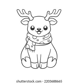 Cute reindeer wearing a polka dot scarf outline doodle cartoon illustration. Winter Christmas theme coloring book page activity for kids and adults.