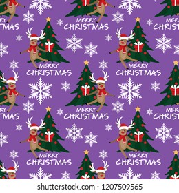 Cute reindeer wearing Santa hat and red scarf holding gift box, Christmas tree, snowflakes and Merry X'mas text seamless pattern on purple background. Winter holidays season cartoon character. Vector 