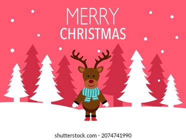 Cute reindeer wearing scarf with Christmas trees and falling snow on background. Merry Christmas concept vector illustration. Design for poster, banner and greeting cards.