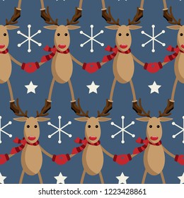 Cute reindeer wears red scarf, gloves and boots with star and snowflakes seamless pattern on blue background. Christmas holidays season cartoon character design. Vector illustration.