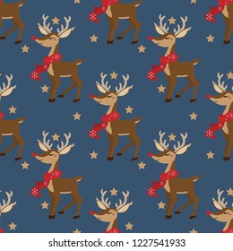 Cute reindeer wears red scarf and tiny star seamless pattern on blue background. Christmas holidays season cartoon character design. Vector illustration.